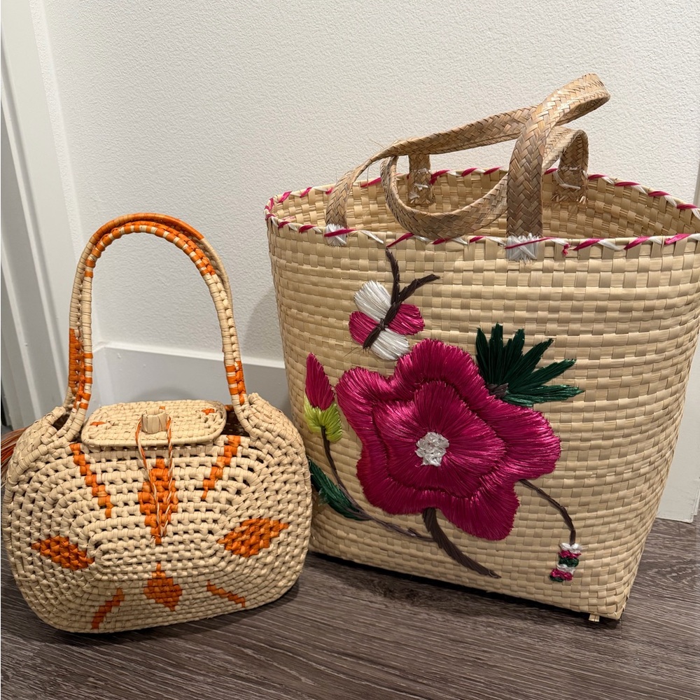 Handwoven Floral Straw Tote and Basket Set (both bags, one price)